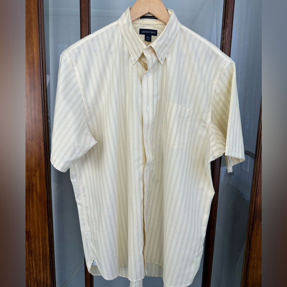 Lands End Shirt Mens 17 1/2 Supima No Iron Oxford Yellow Stripe Short Sleeve